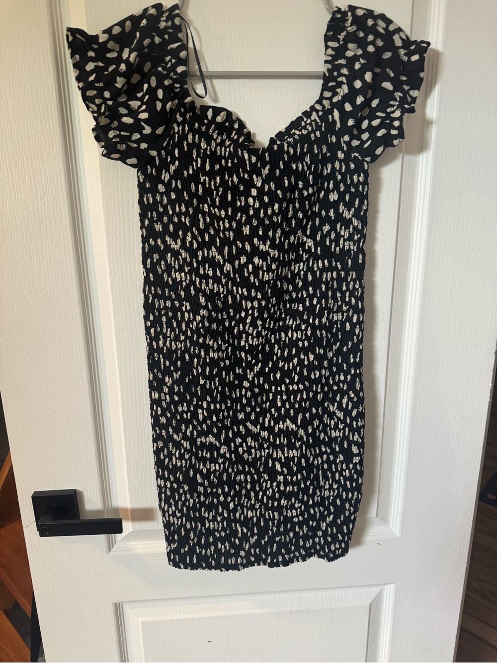 Another Love Black and White Smocked Mini Dress with Ruffle Sleeves